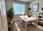 Thumbnail 4 of 10 - A white desk with a chair and a potted plant in a room.