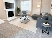 Thumbnail 6 of 10 - A living room with a grey couch, a white rug, and a fireplace.