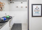 Thumbnail 13 of 29 - A dog wash station with a picture of a dog and the words "Muddy Paws Dog Wash" on the wall.