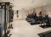 Thumbnail 16 of 23 - a group of exercise machines in a gym with a mural on the wall at Liza Apartments, Seattle, 98102