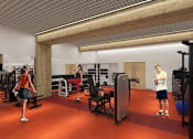 Thumbnail 34 of 35 - A gym with a red floor and white walls.