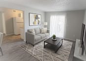 Thumbnail 7 of 7 - A living room with a grey couch, a coffee table, and a television.