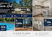 Thumbnail 5 of 5 - A promotional image for Tara Hill apartments showcasing the amenities and a glimpse of the kitchen.