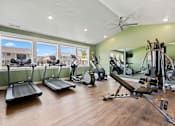 Thumbnail 22 of 40 - A spacious home gym with a variety of exercise equipment and a view of the outside through the windows.