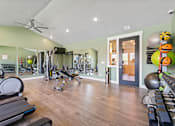 Thumbnail 23 of 40 - A gym with a variety of equipment including treadmills, weights, and exercise balls.