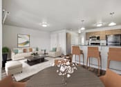 Thumbnail 1 of 28 - a living room and kitchen with a table and chairs