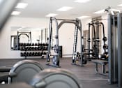 Thumbnail 21 of 52 - A gym with a variety of equipment including weights and weight machines.at Copestone Apartments, Garden City, ID 59808
