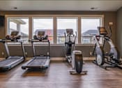 Thumbnail 15 of 28 - a gym with cardio equipment and windows with a mountain view