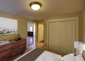 Thumbnail 7 of 18 - A bedroom with a bed, dresser, and a painting on the wall.