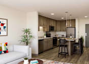 Thumbnail 1 of 40 - A modern kitchen with a dining table and chairs.