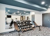 Thumbnail 8 of 40 - A gym with a mirror, weights, and exercise equipment.
