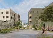 Thumbnail 2 of 10 - A modern building complex with a courtyard and people walking.