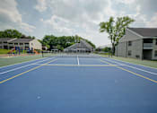 Thumbnail 38 of 55 - A blue tennis court with white lines and a yellow border.