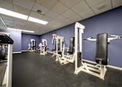 Thumbnail 34 of 44 - A gym with purple walls and a variety of weightlifting equipment.  at Highland Club Apartments, Watervliet, NY 12189