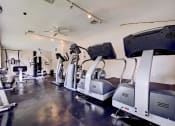 Thumbnail 26 of 33 - a gym with cardio machines and a ceiling fan