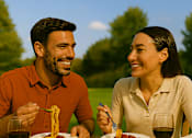 Thumbnail 14 of 14 - A man and woman are enjoying a meal together outdoors.