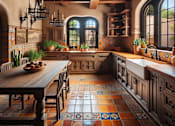 Thumbnail 5 of 8 - A kitchen with wooden floors and a wooden table with chairs.