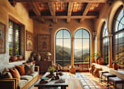 Thumbnail 4 of 8 - A living room with a large window and a view of the mountains.