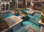 Thumbnail 3 of 8 - A luxurious house with a pool and a fountain in the middle.