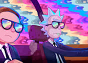 Thumbnail 3 of 6 - an illustration of two men in suits and sunglasses driving a car