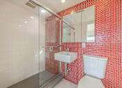 Thumbnail 24 of 47 - A red tiled bathroom with a toilet, sink, and shower.