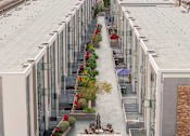 Thumbnail 47 of 47 - A long building with a lot of windows and plants in front.