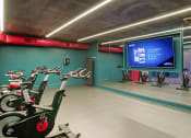 Thumbnail 28 of 40 - a gym with bikes and a projection screen on the wall