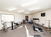 Thumbnail 6 of 22 - A room with exercise equipment and a television.