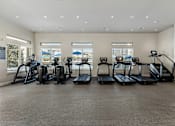 Thumbnail 11 of 32 - A gym with treadmills and elliptical machines.