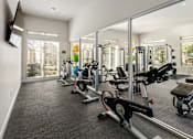 Thumbnail 14 of 32 - A gym with a mirrored wall and various exercise equipment.