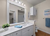 Thumbnail 25 of 28 - A bathroom with a white sink and a large mirror.