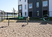 Thumbnail 13 of 18 - A dog is playing with a frisbee in a sandy area in front of a building.