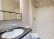 Thumbnail 14 of 19 - A bathroom with a sink, toilet, and shower.