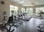 Thumbnail 10 of 50 - A spacious gym with treadmills, elliptical machines, and a ceiling fan.