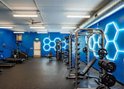 Thumbnail 11 of 18 - A gym with a row of treadmills and a row of weight machines.