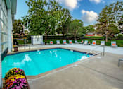Thumbnail 14 of 25 - A pool surrounded by trees and chairs.