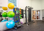 Thumbnail 10 of 25 - A gym with a variety of equipment including a treadmill, exercise balls, and a weight machine.