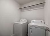 Thumbnail 13 of 15 - A small laundry room with a washer and dryer.
