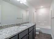 Thumbnail 11 of 15 - A bathroom with a marble countertop and a walk-in shower.