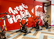 Thumbnail 35 of 53 - a workout room with exercise bikes in front of a wall with a mural  at Waterside Residences on Quivira, Lenexa, Kansas