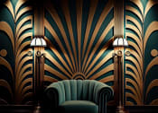 Thumbnail 54 of 66 - a blue couch and two lamps in front of a psychedelic wall at District at Riverside Apartments, Tennessee