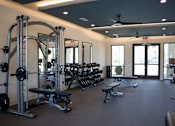 Thumbnail 49 of 60 - A spacious gym with a variety of equipment including a squat rack, bench, and weights at The Crest at South Point Apartments, McDonough, GA