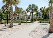 Thumbnail 22 of 33 - a walkway with palm trees and a house in the background at The Crest at Laurel Canyon Apartments, Naples, FL