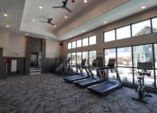 Thumbnail 21 of 54 - a gym with cardio equipment and windows at the district flats apartments at The Crest at Acworth, Acworth, GA