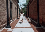 Thumbnail 40 of 46 - a woman running down a sidewalk with a dog at The Wren Apartments, Lawrenceville, Georgia