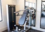 Thumbnail 21 of 27 - A gym with a weight machine and a mirror.