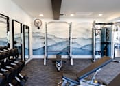 Thumbnail 18 of 27 - A gym with a wall mural of mountains and a row of treadmills.