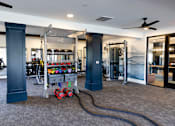 Thumbnail 17 of 27 - A gym with a variety of equipment including a treadmill, weights, and a rowing machine.