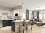 Thumbnail 2 of 5 - A modern kitchen with a large island and a dining area.