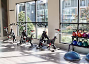 Thumbnail 13 of 27 - a gym with exercise bikes and weights in front of a window at The Crest at Laurel Canyon Apartments, Georgia